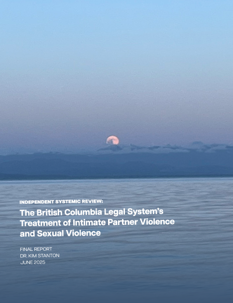 The cover page for the report: "Independent Systemic Review: The British Columbia Legal System's Treatment of Intimate Partner Violence and Sexual Violence". The title overlays an image of the moon rising over the mountains against the water.